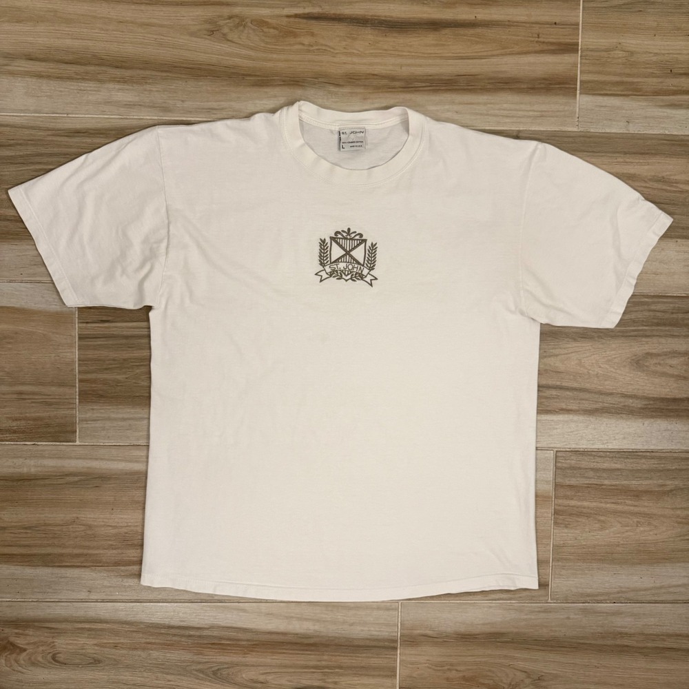 St John Sport Vintage Crest Logo White Combed Cotton T-Shirt Made in USA Large